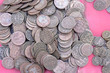 Old, vintage indian coins background in Indian market on the street in Rishikesh, India