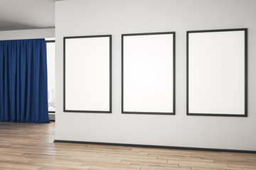 Wall Mural - Blank white mock up posters on white wall in modern empty room with wooden floor and blue curtain.