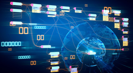 Leinwandbilder - Block chain network and programming concept with futuistic infographic at digital world map background.