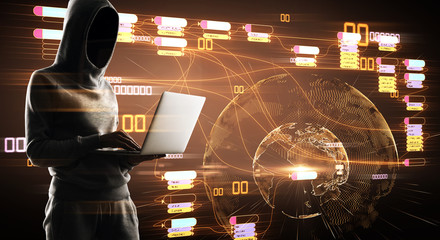Leinwandbilder - Internet security concept with hacker at digital map with node tree and world map background.