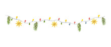 Watercolor Vector Christmas Colorful Garland With Lights, Fir Branches And Snowflakes.
