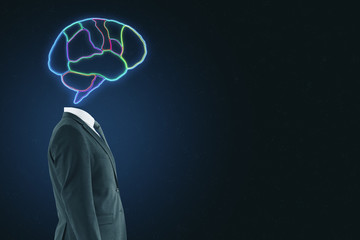 Poster - AI concept with headless businessman and digital colorful brain picture at dark background.