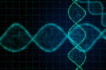Fototapete - Science and technology concept with digital dna spiral and abstract technology checkered background.