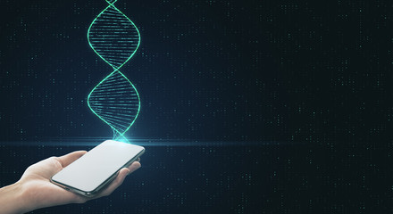 Fototapete - Genetic engineering and analysis concept with digital dna spiral and human hand with smartphone.