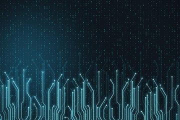 Abstract technology chip lines growing from bottom to top at digital binary code background.