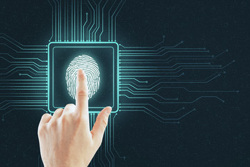 Aufkleber - Cyber security concept with human finger touching digital screen with fingerprint scheme and microchip.