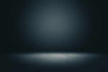 abstract blank dark wall with copyspace and dark stage with spot light from above in empty hall.