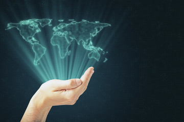 Aufkleber - Digital globalization concept with digital world map layout above human hand at technology background.