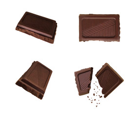 Wall Mural - Set of top and side views of dark chocolate pieces isolated on white background