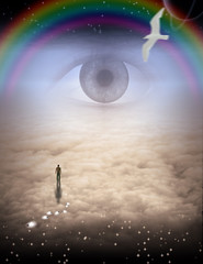 Wall Mural - Mans Journey of the Soul. All seeing eye and rainbow in the sky