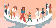 Mother Letting Go Growing Child Vector Illustration. Pregnant Woman, Mom With Infant, Toddler, Walking With Child, Teenager. Old Mother Seeing Off Adult Son. Family Bond, Eternal Parents Love Concept.