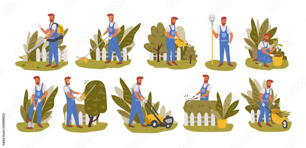 Gardener working flat vector illustrations set. Male handyman character mowing grass, trimming trees and bushes isolated pack. Backyard landscaping, plants cultivating and nursery, garden maintenance. - obrazy, fototapety, plakaty 