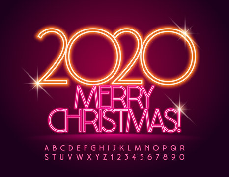 Vector colorful Neon Merry Christmas 2020 Greeting Card. Glowing electric Alphabet Letters and Numbers.Bright thin Font. 