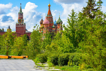 Wall Mural - Tourism in Moscow. Russia. Zaryadye Park in Moscow. St. Basil's Cathedral. The Moscow Kremlin. Excursions in the Zaryadye park. Spasskaya Tower. Park near the red square. Tours to Russia.