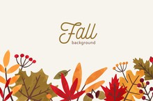 Fall Hand Drawn Vector Background. Autumn Decorative Illustration With Leaves And Place For Text. Orange And Red Foliage Drawing In Flat Style. Fall Season Backdrop With Forest Leafage And Berries.