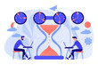 Busy businessmen with laptops near hourglass working in different time zones. Time zones, international time, world business time concept. Living coral blue vector isolated illustration