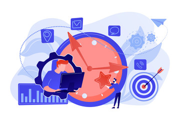 Wall Mural - Businessman trying to accomplish tasks and goals on time and big clock and computer. Time management, effective time spending, time planning concept. Living coral blue vector isolated illustration