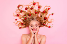 Close Up Top Above High Angle View Photo Beautiful Very Glad Skin Condition She Her Lady Lying Down Among Fruits Strawberries Long Hair Full Vitamins Complex Eyes Closed Isolated Pink Background