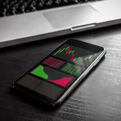 Poster - Stock, forex or cryptocurrency trading chart graph on mobile phone screen (close up). Modern finance exchange concept for smart investment, smartphone business application with charts, candlestick