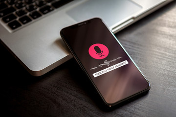 Poster - Personal assistant concept and voice recognition audio technology. Red button with microphone icon and sound imitation waves.