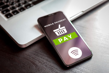 Poster - mobile payment technology concept with successful online shopping and confirmed payment on smartphon