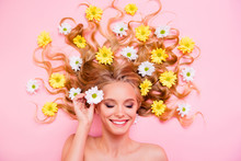 Close Up Top Above High Angle View Photo Beautiful She Her Amazing Lady Lying Down Among Flowers Long Curly Wavy Hair Spring Summer Eyes Closed Inspiration Imaginary Flight Isolated Pink Background