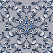 Seamless Baroque Pattern With Decorative Silver Scrolls And Gems