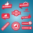 Set of ten different red Recommended labels or signs with text and icons endorsing or praising a product or service, vector illustration
