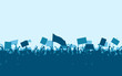 Silhouette group of people Raised Fist and Protest Signs in flat icon design with blue color sky background