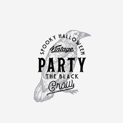 Wall Mural - vintage style party halloween logo or label template. hand drawn black crow or raven sketch symbol a