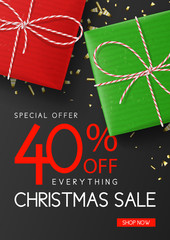 Wall Mural - Promo poster template for Christmas sale. Holiday poster with realistic red and green gift boxes and golden confetti. Vector illustration. Ads social media web banner for sale and product promo.