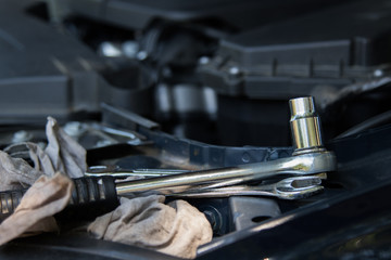 Canvas Print - car workshop tools on car engine