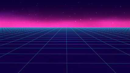 Poster - Vector perspective grid in retro style. Detailed lines on dark background.