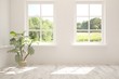 © AntonSh - Stylish empty room in white color with summer landscape in window. Scandinavian interior design. 3D illustration