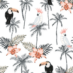 Naklejka na meble Parrots, toucans, palm tree silhouette, pink orchid flower, leaves, white background. Vector seamless pattern. Tropical illustration. Exotic plants, birds. Summer beach design. Paradise nature