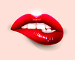 Sexy red lips isolated on nude background. Bite lip. 3D design. Vector illustration.