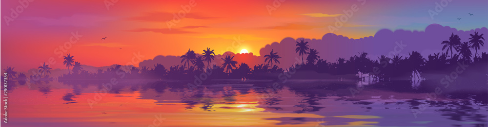 Colorful tropical sunset in palm trees forest and calm water reflection. Vector ocean beach landscape illustration for horizontal banner - obrazy, fototapety, plakaty 
