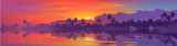 Fototapeta Zachód słońca - Colorful tropical sunset in palm trees forest and calm water reflection. Vector ocean beach landscape illustration for horizontal banner