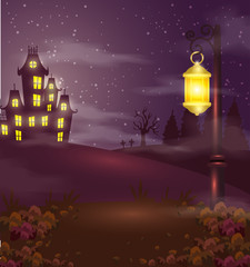 Poster - haunted castle with lamp in halloween scene