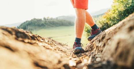 Wall Mural - close up image backpacker traveler feet in trekking boots on mountain dirty path at summertime sunny