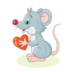 Wall Mural - Funny cute little mouse with a red heart in hands. In cartoon style. Isolated on a white background.