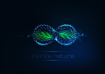 futuristic glowing low polygonal infinity sign with green leaves isolated on dark blue background.