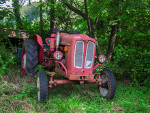 Vintage Red Tractor In Excellent Condition In A Wood