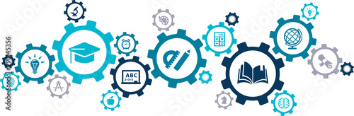 Fotografía education icon concept: school / college / studying interconnected symbols - vec