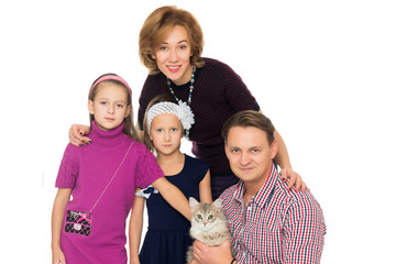 Wall Mural - Happy family with cat. Isolated on white background