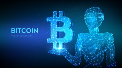 Wall Mural - Bitcoin. Low poly abstract mesh line and point Bitcoin sign. Crypto currency, virtual electronic, internet money. Abstract 3d low polygonal robot holding Dollar icon. Vector illustration.