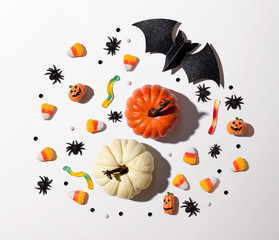 Poster - Pumpkins with Halloween decorations - overhead view flat lay