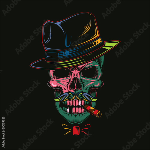 Fotografie, Obraz Original vector illustration in comic style, skull gangster in hat and cigar in