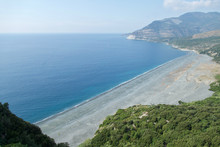 Long Black Beach In Nonza, Cap Corse, Corsica, France. Landscape In Nonza Beach, Located On The West Coast Of Cap Corse.