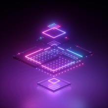 3d Render, Neon Abstract Background, Geometric Shapes In Ultraviolet, Virtual Blueprint, Pink Blue Violet Glowing Light, Glitch Effect, Cybernetic System, Futuristic Computing Technology